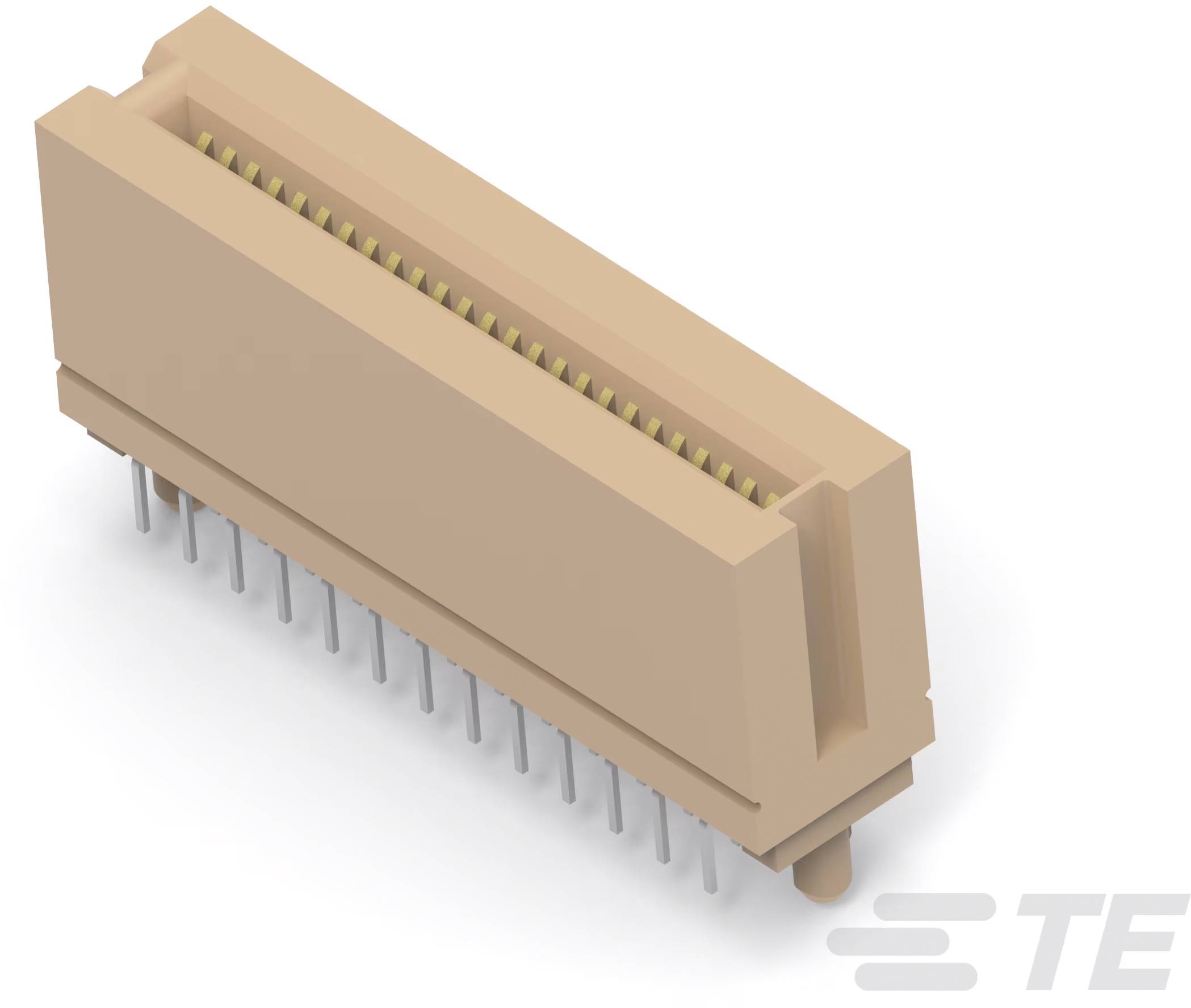 3D model elektrického konektora s mnohými kolíkmi, pohľad z boku a mierne zhora.