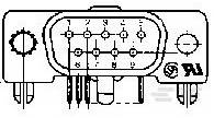 Diagram konektora s očíslovanými pinmi a elektrickými symbolmi, zobrazujúci rozloženie pinov a prepojenia.