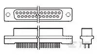 Diagram konektora s 37 pinmi, zobrazený z troch pohľadov: čelný pohľad, bočný pohľad a pohľad zhora v reze.