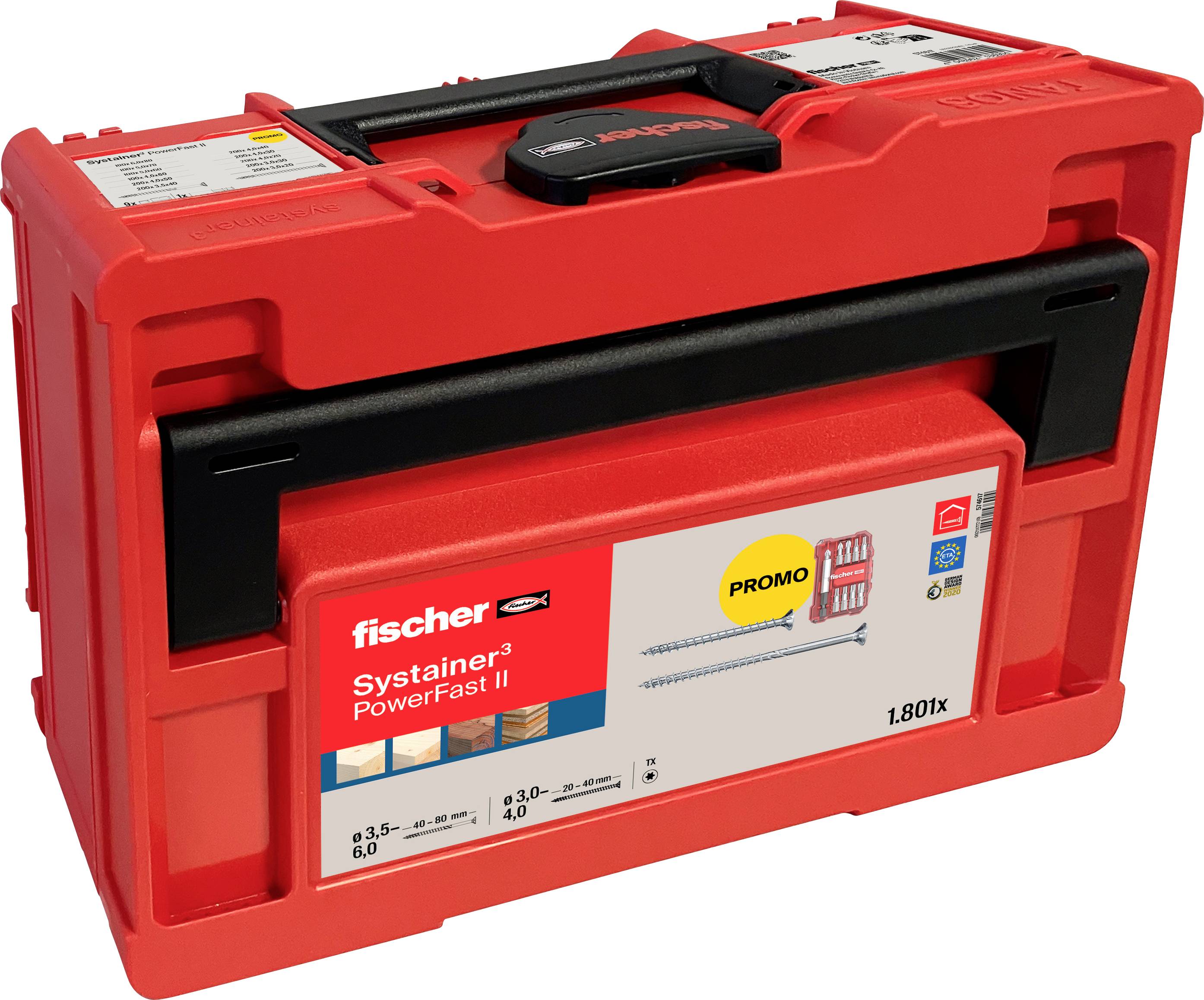 Červený Systainer3 PowerFast II kufor s rukoväťou, zobrazujúci propagačný štítok a obrázky skrutiek, obsahujúci 1801 skrutiek rôznych veľkostí.