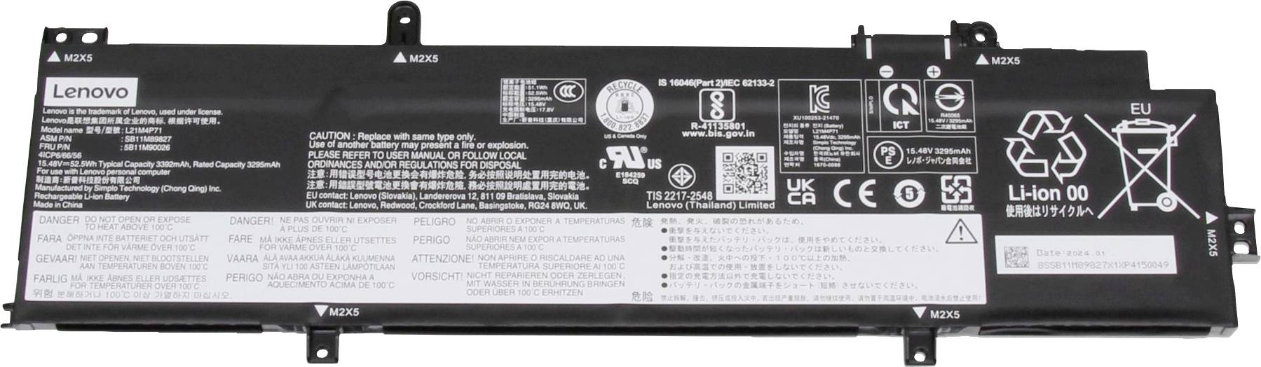 Batéria Lenovo pre notebook, Li-Ion, 15,36V, 7,68Ah, 118Wh, Model L18L3PF4, s viacerými symbolmi a výstražnými upozorneniami.