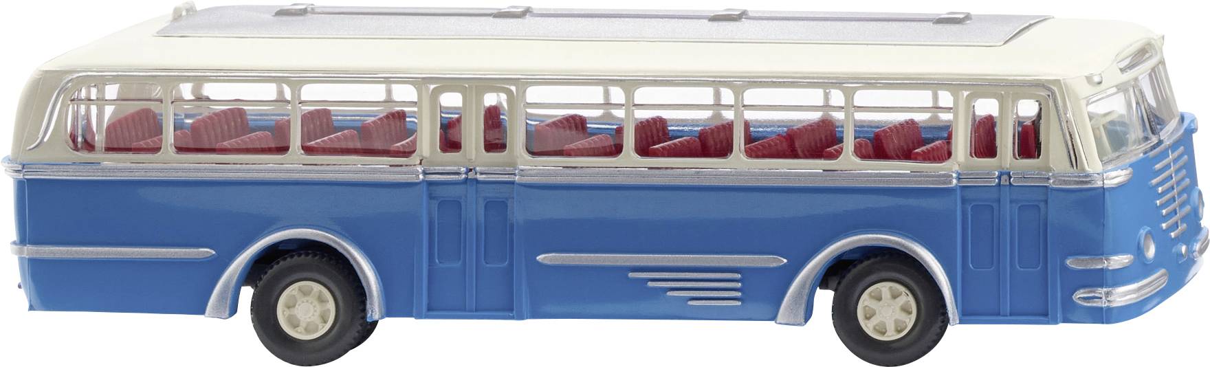 Modromodrý modelový autobus s červenými sedadlami, pohľad z boku. Autobus má vintažový dizajn s detailne spracovanými oknami a pneumatikami.