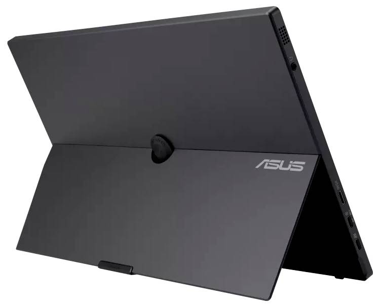 Čierna tableta ASUS so vysunutým stojanom, umiestnená na stole, zobrazuje zadnú stranu s logom ASUS.