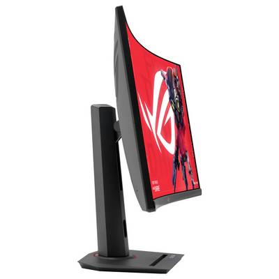 Zakrivený herný monitor na podstavci, pohľad z boku. Na obrazovke je dynamický obraz robota.