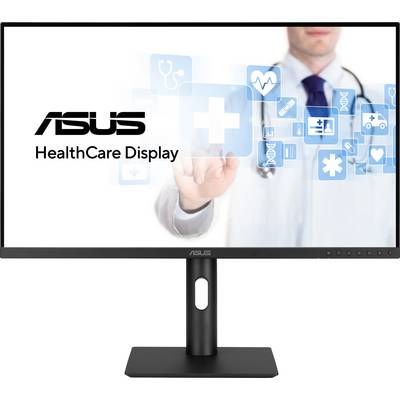 Lekár ukazuje na virtuálne symboly ako sú zdravotnícke informácie a kríž. Vľavo je nápis 'ASUS HealthCare Display'.