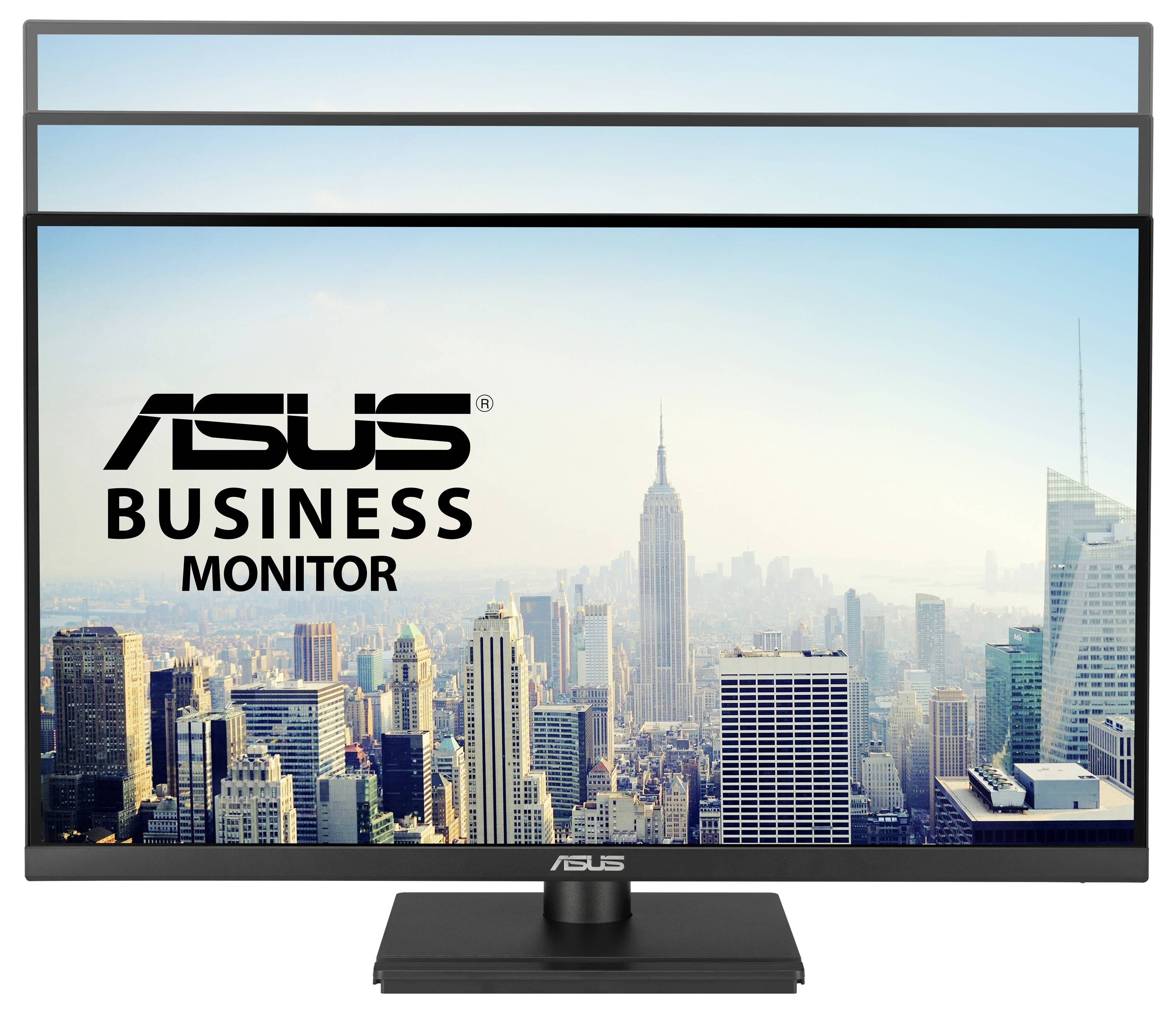 Podnikový monitor Asus zobrazuje panorámu New Yorku s ikonickými mrakodrapmi. Vysoko rozlíšený displej pre profesionálne použitie.