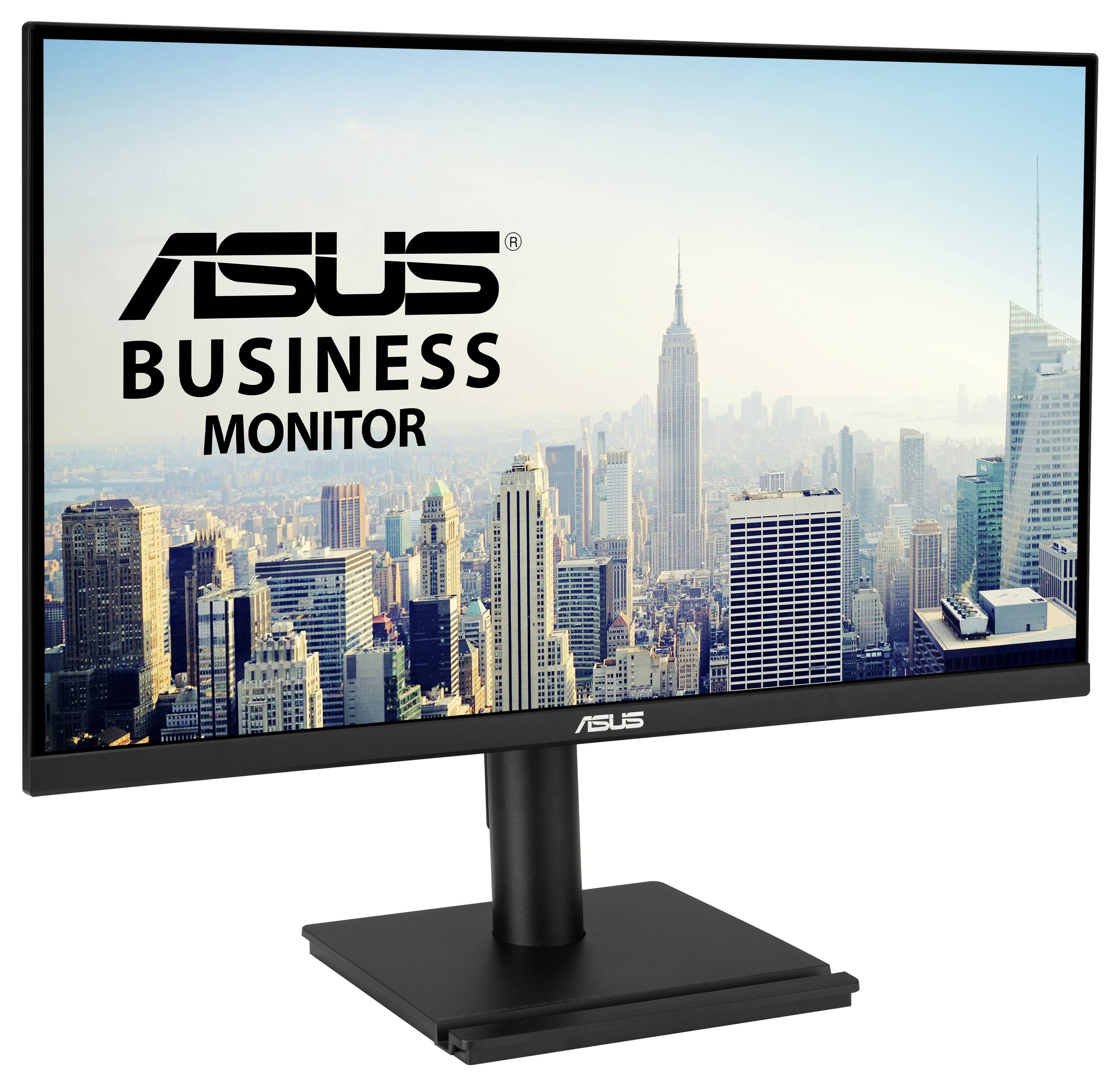 Monitor ASUS Business zobrazuje pohľad na mesto s modernými mrakodrapmi a jasnou oblohou v pozadí.