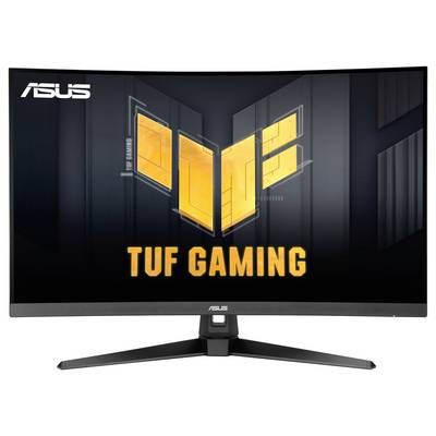 Monitor značky ASUS TUF Gaming so zakrivením displeja a svetlým logom na obrazovke, vhodný pre intenzívne hranie hier.