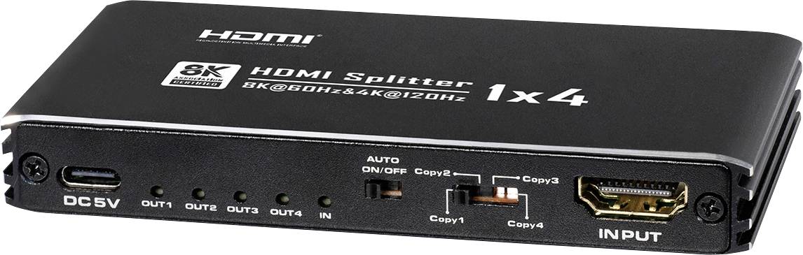 HDMI Splitter 1x4, podporuje 8K@60Hz a 4K@120Hz, so 4 výstupmi, USB-C napájacím vstupom a HDMI vstupom. Pre distribúciu audia/videa.