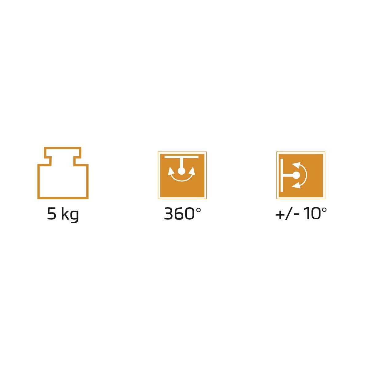 Obrázok zobrazuje tri symboly: symbol hmotnosti s '5 kg', kruh so šípkami '360°' a šípku s '+/- 10°'.