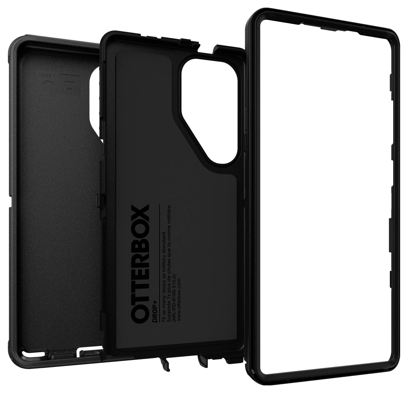 Čierna sada ochranných krytov OtterBox s robustným dizajnom, pozostávajúca z dvoch častí: zadného krytu a prednej strany. Ochrana pre smartfóny.