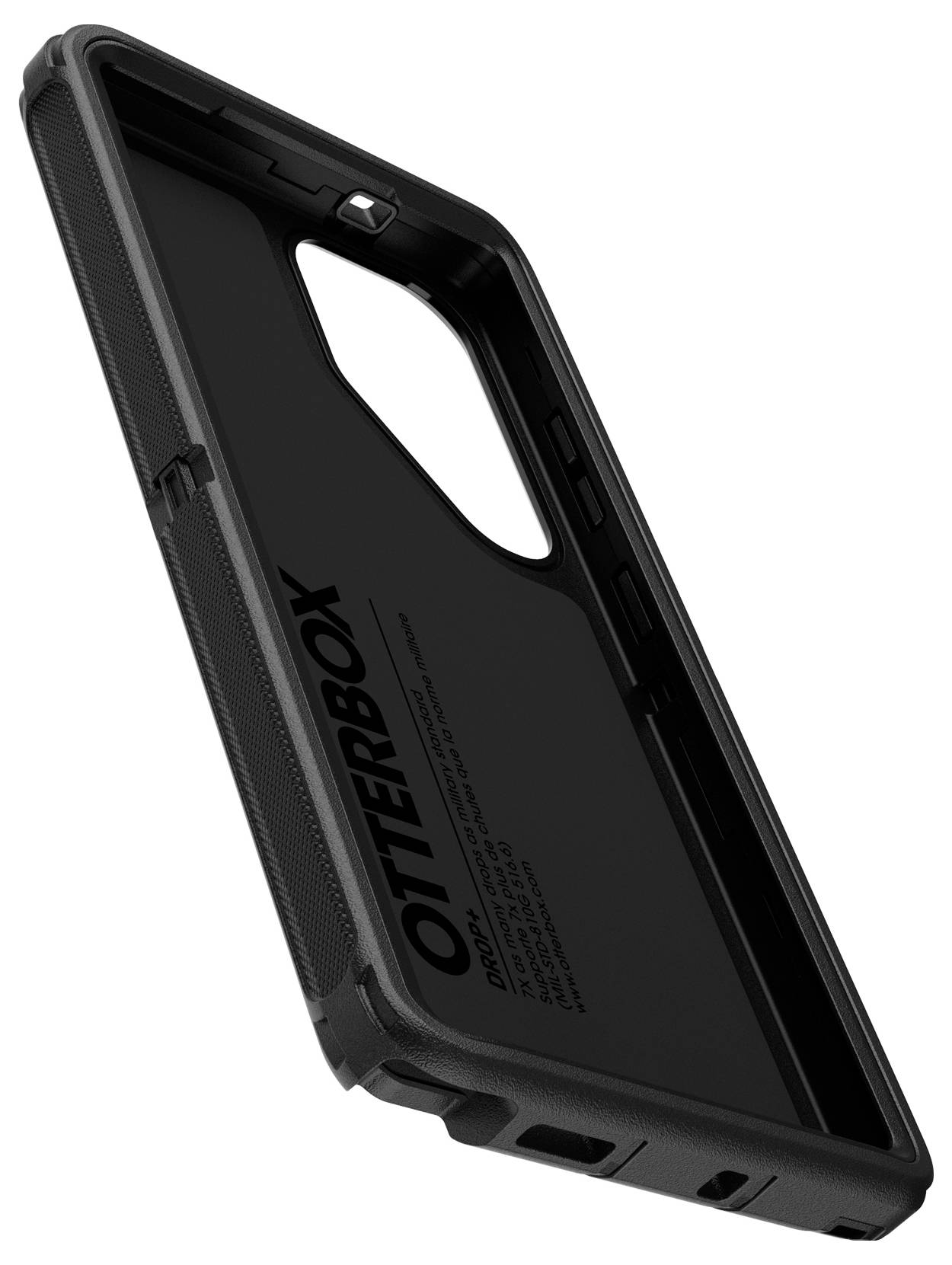 Robustný čierny kryt na smartfón s otvormi pre kameru a konektory, vnútorná strana s logom 'Otterbox'.