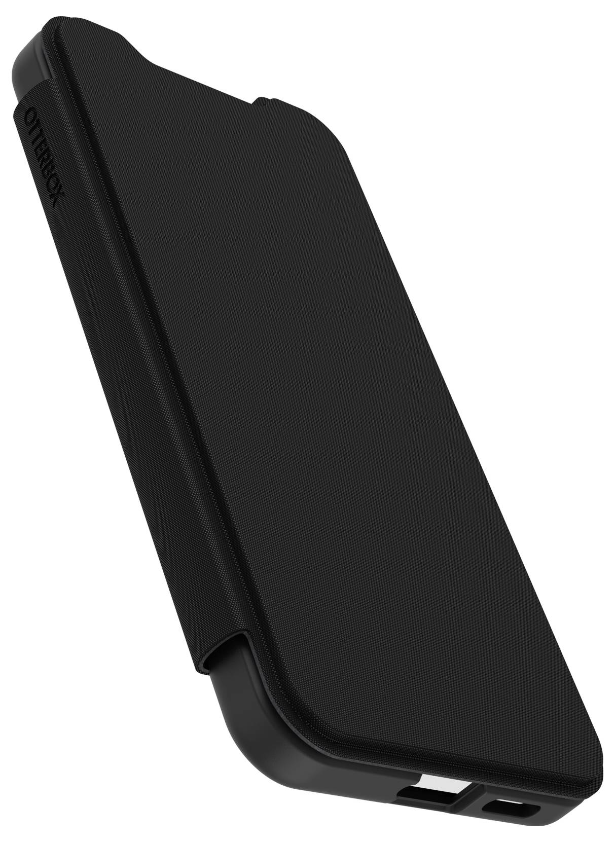Čierne púzdro na smartfón so zatvoreným krytom, pohľad zboku zhora. Na okraji viditeľné logo 'OtterBox'.