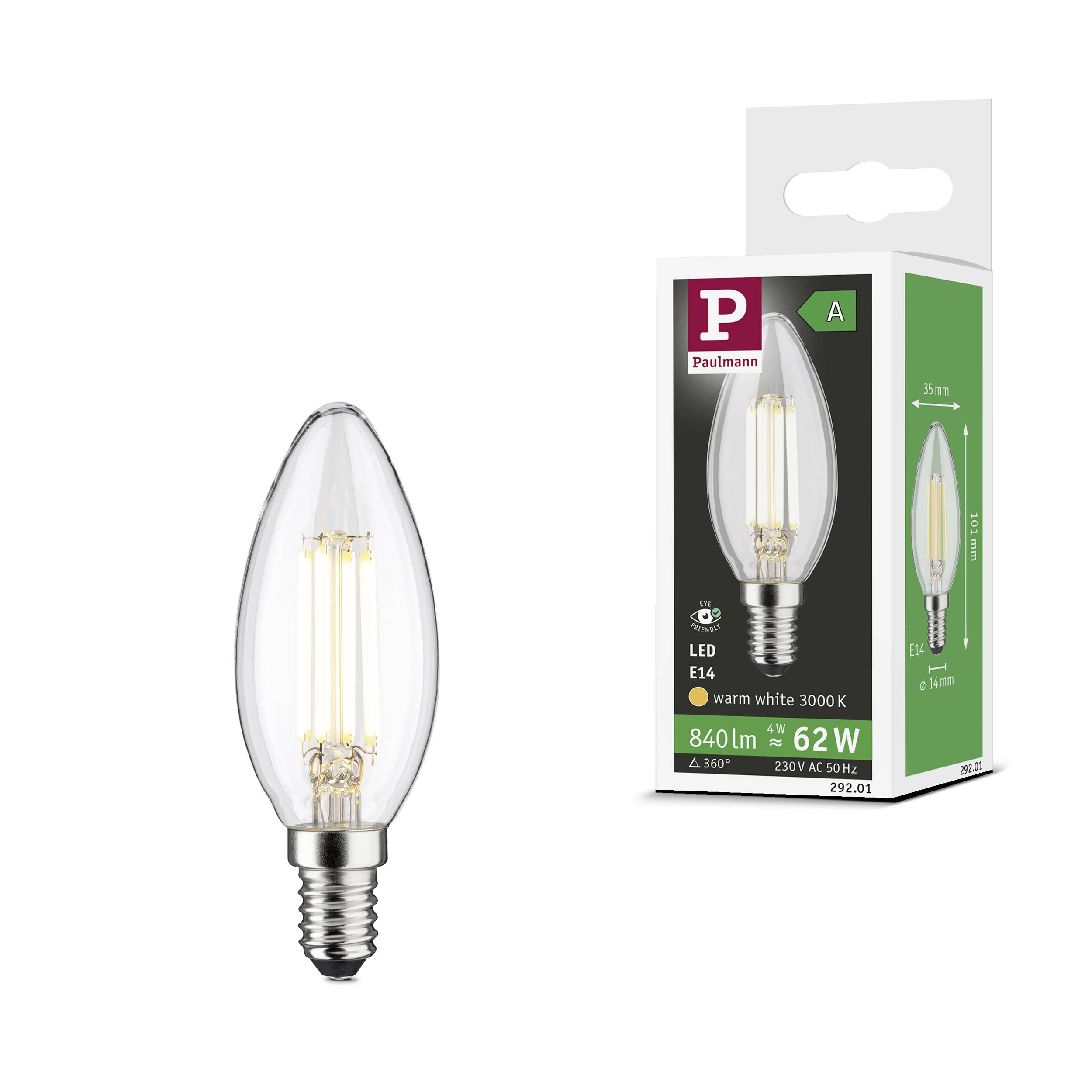 LED žiarovka úsporná so soklom E14, 840 lúmenov, 6,2 W, teplá biela 3000 K. Obal zobrazuje značku a špecifikácie.