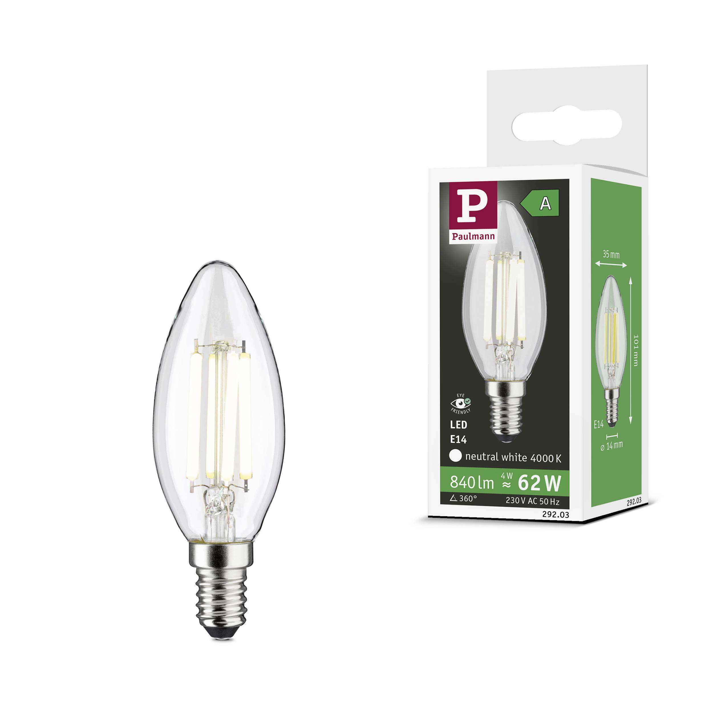 LED žiarovka E14, 6,2W, 840 lm, neutrálna biela 4000K. Obal zobrazuje značku a energetickú triedu A. Ideálna pre jasné osvetlenie.