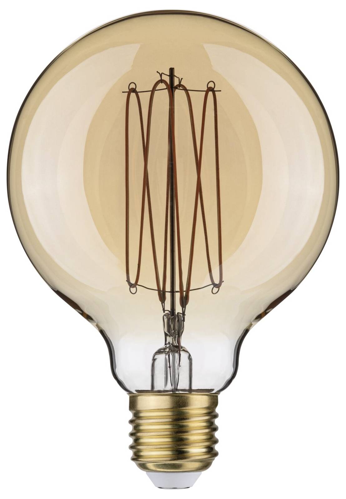 Vintage LED žiarovka so viditeľným vláknom a zlatým päticou.