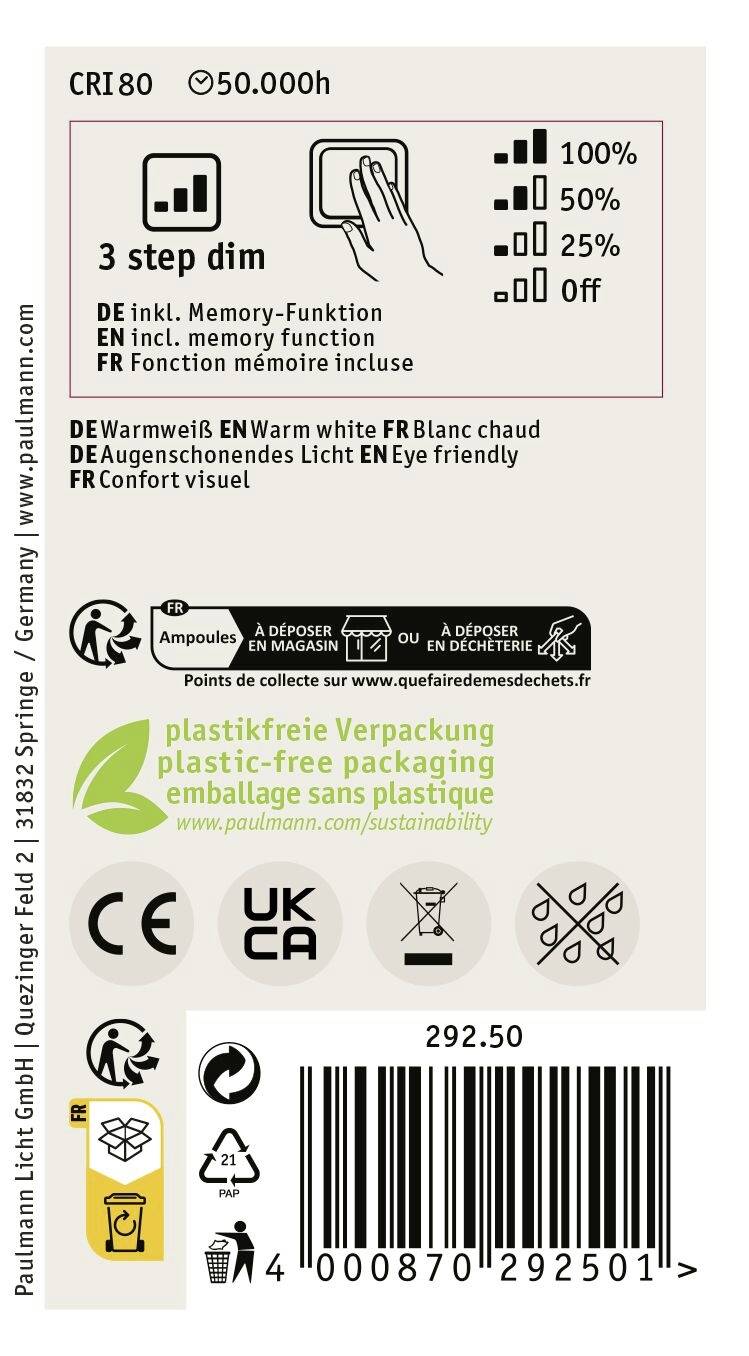 LED lampa - Etiketa: 3-stupňové stmievanie, teplé biele svetlo. Symboly pre recykláciu, CE označenie, balenie bez plastov.