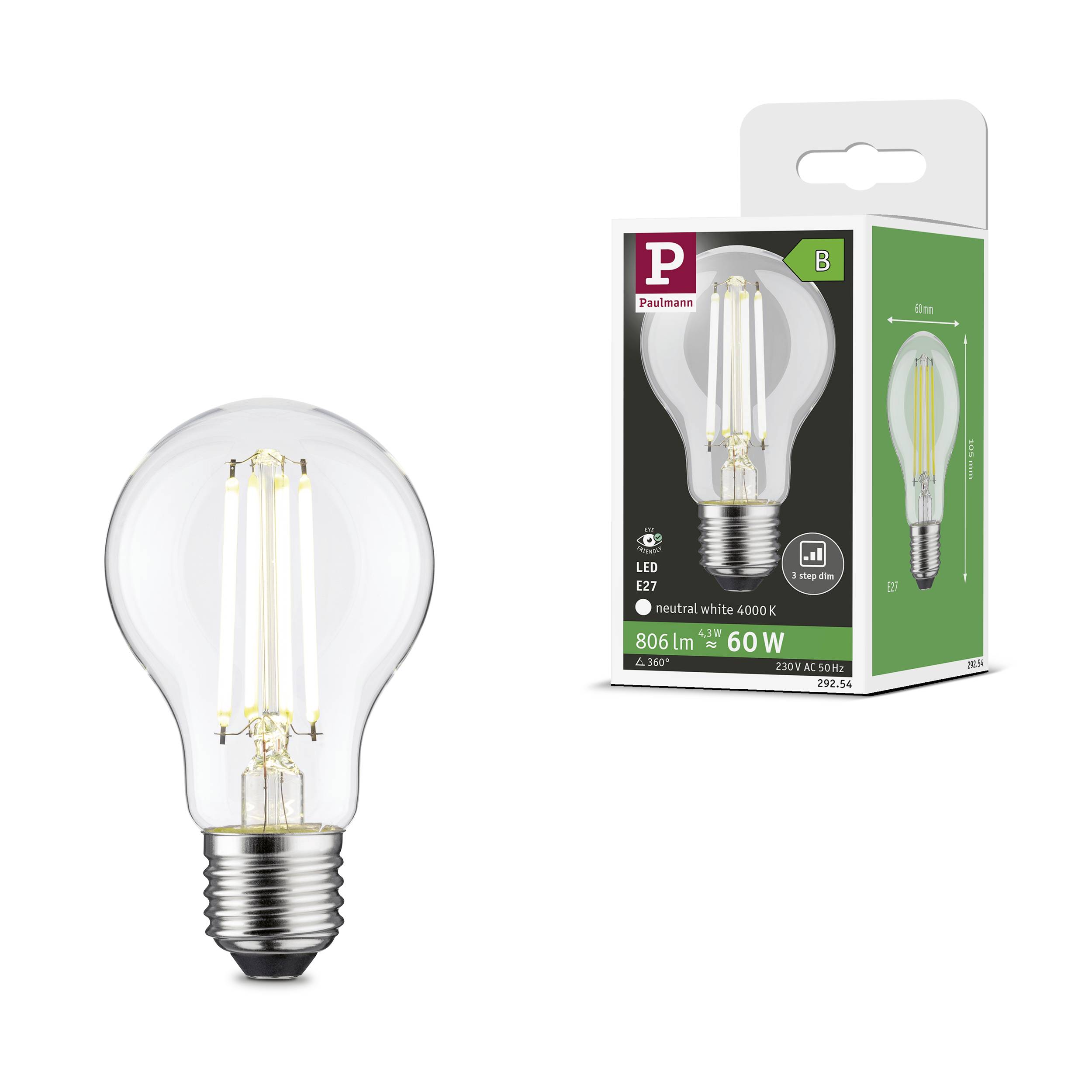 LED žiarovka s obalom. Pätica E27, 806 lúmenov, ekvivalent 60W, 4000K, energetická trieda B.