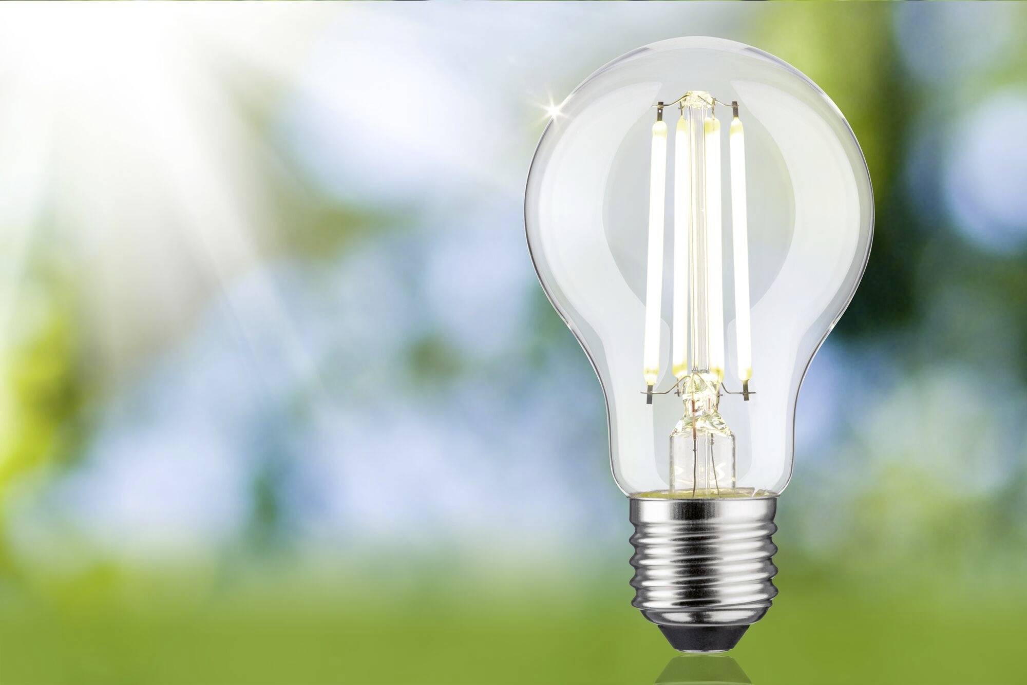 Žiariaca žiarovka pred rozmazaným zeleným a modrým pozadím so slnečnými lúčmi. Symbolizuje inováciu alebo energiu.