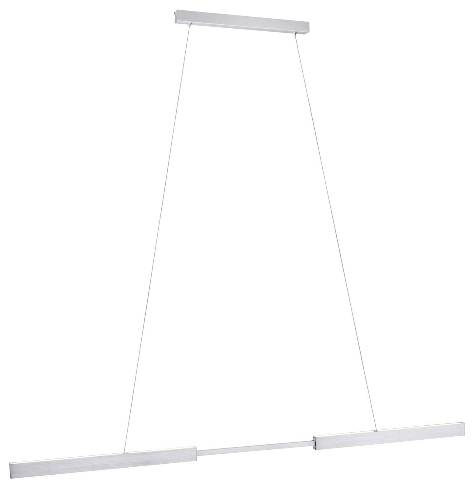 Biela, moderná LED závesná lampa s minimalistickým dizajnom; pozostáva z dvoch dlhých horizontálnych svetelných líšt zavesených na tenkých lanách.