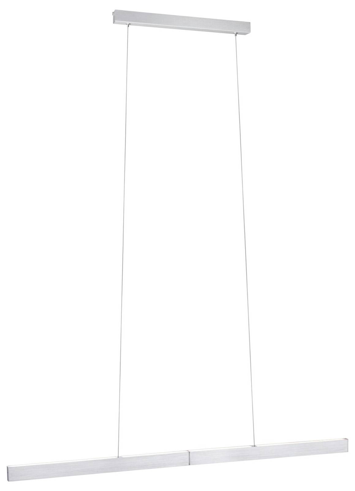 Strieborná, minimalistická závesná lampa s dvoma horizontálnymi tyčami. Vhodná pre moderné interiéry.