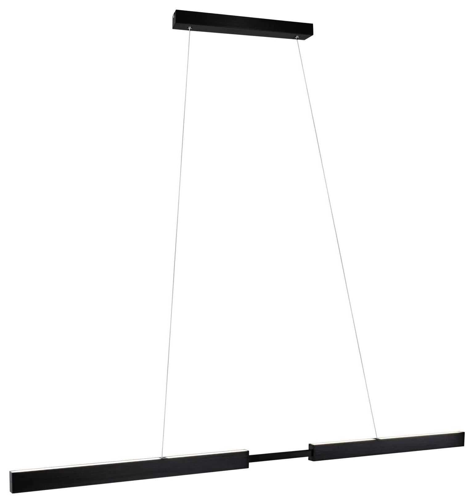 Čierna, moderná závesná lampa s dvoma horizontálnymi ramenami a tenkými káblami upevnenými na obdĺžnikovom stropnom držiaku.