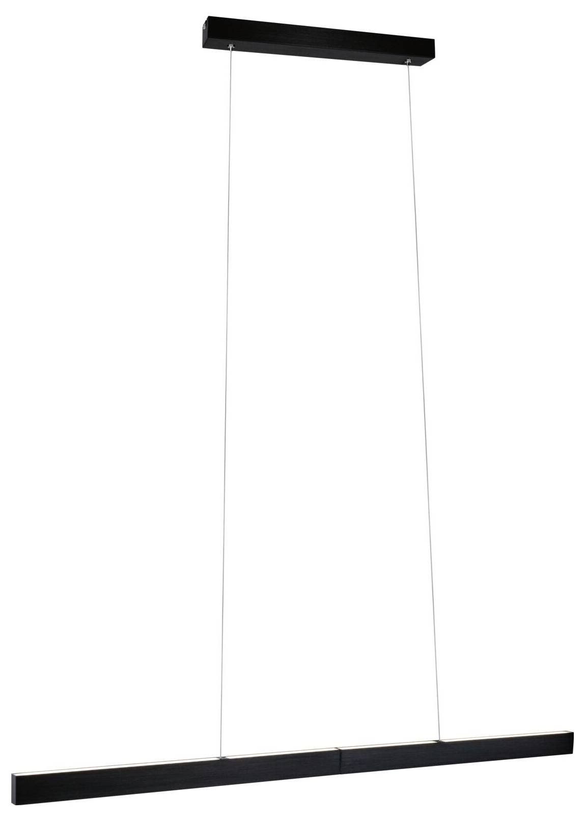 Moderná, čierna, obdĺžniková závesná lampa s lineárnym dizajnom a tenkými lankami nauchytenie do stropu.