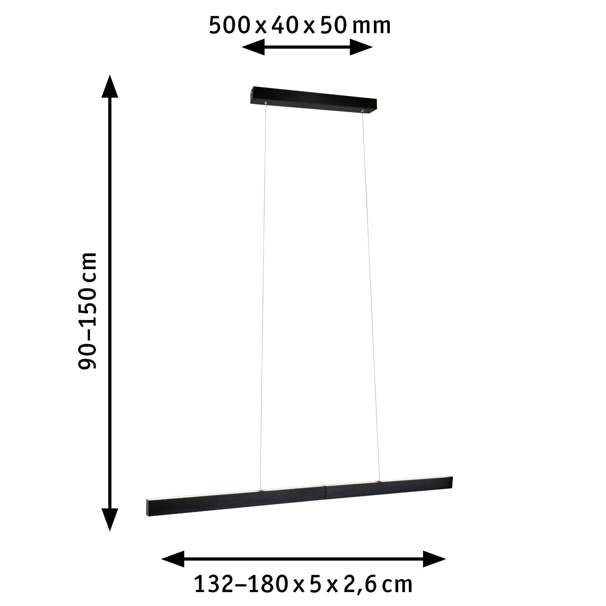 Závesná lampa v čiernej farbe, obdĺžnikového tvaru, s nastaviteľnou výškou 90-150 cm a rozmermi 500 x 40 x 50 mm v hornej časti a 132-180 x 5 x 2,6 cm v spodnej časti.