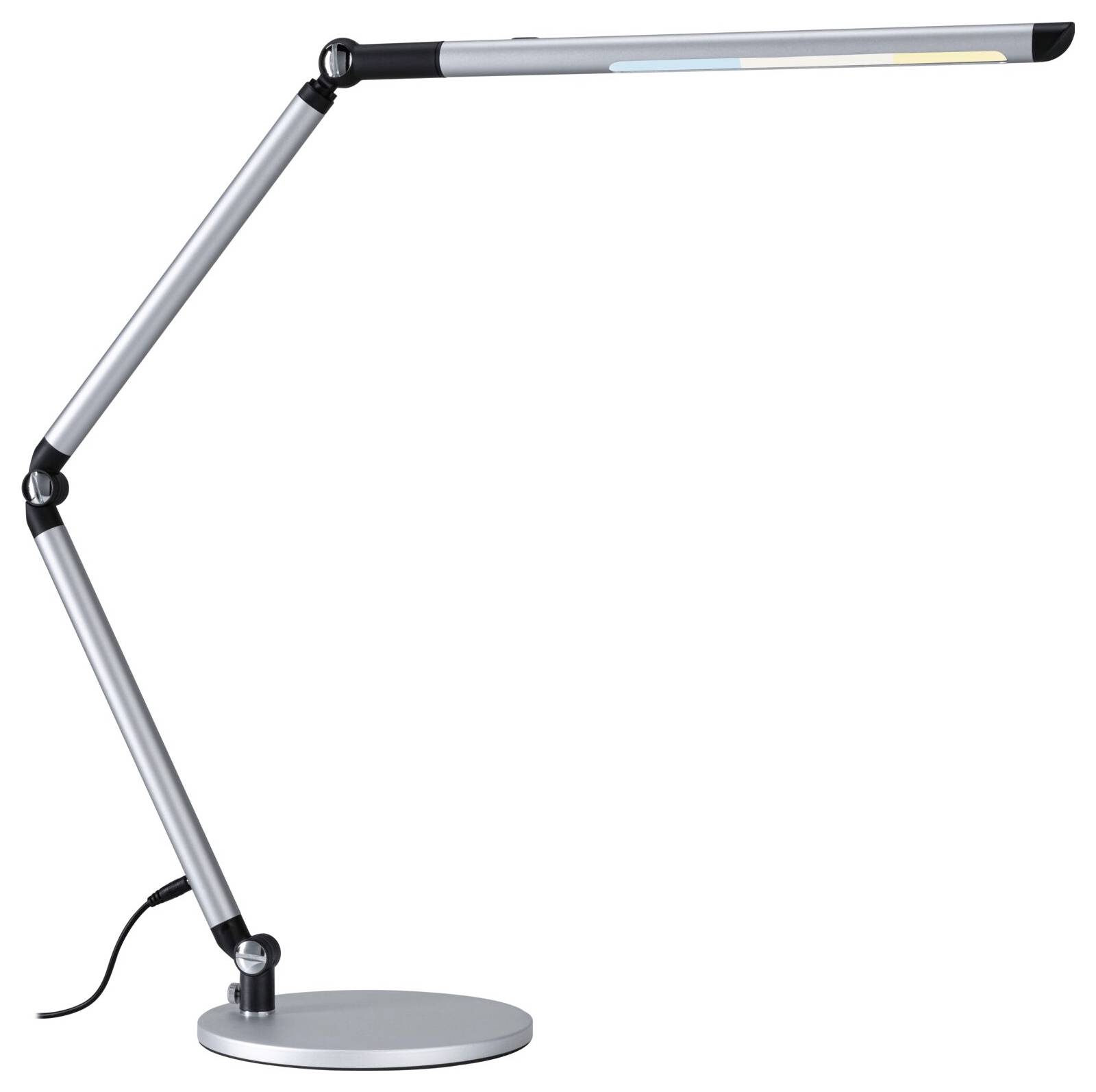Moderná nastaviteľná stolná lampa v kovovom dizajne s elegantným tvarom.