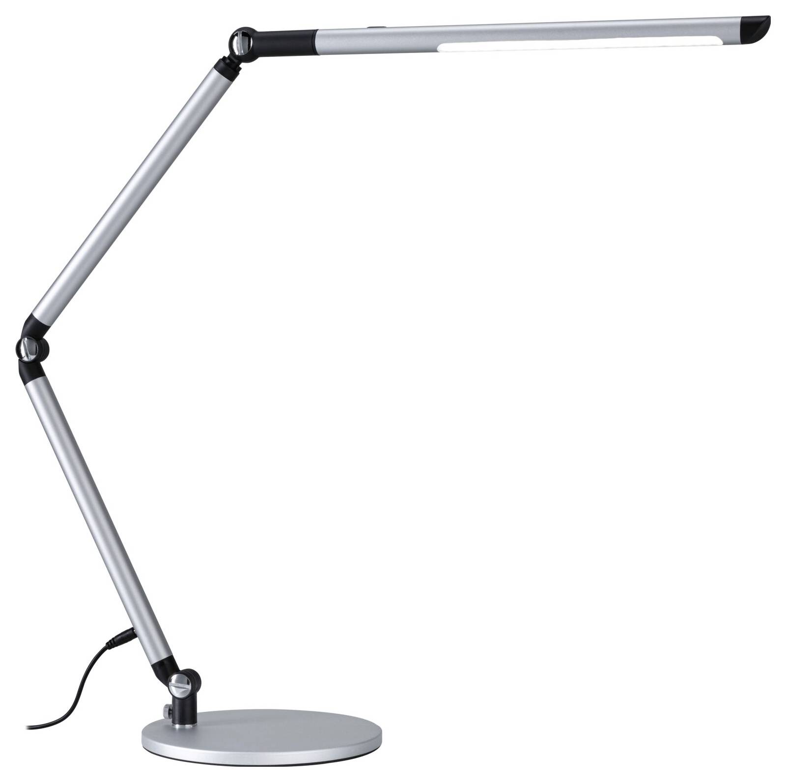 Strieborná, nastaviteľná stolná lampa s okrúhlou základňou, pripojovacím káblom a štíhlym, moderným dizajnom.