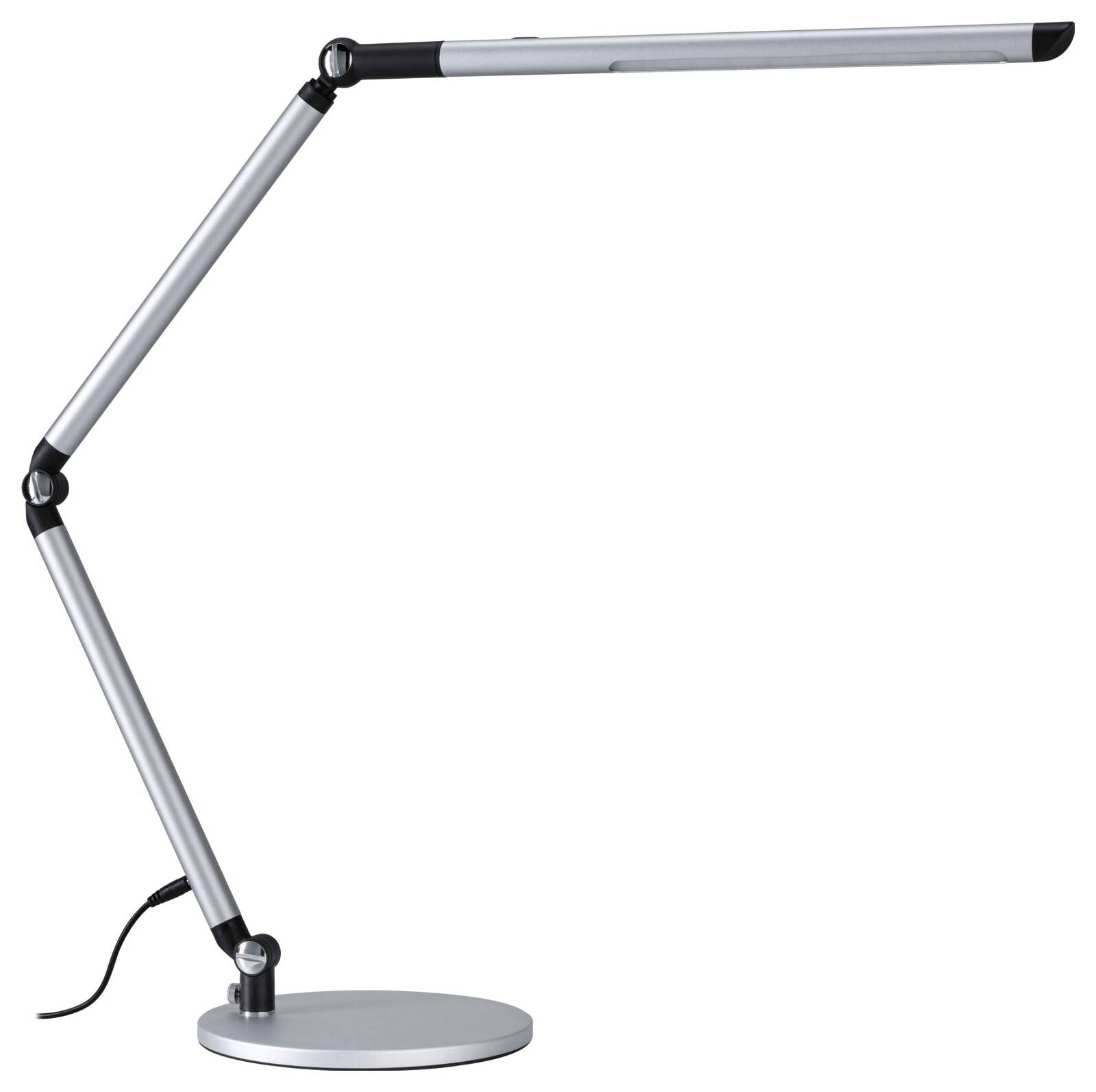 Moderná strieborná stolná lampa s elegantným nastaviteľným ramenom a okrúhlou základňou, vhodná do kancelárie aj domácnosti.