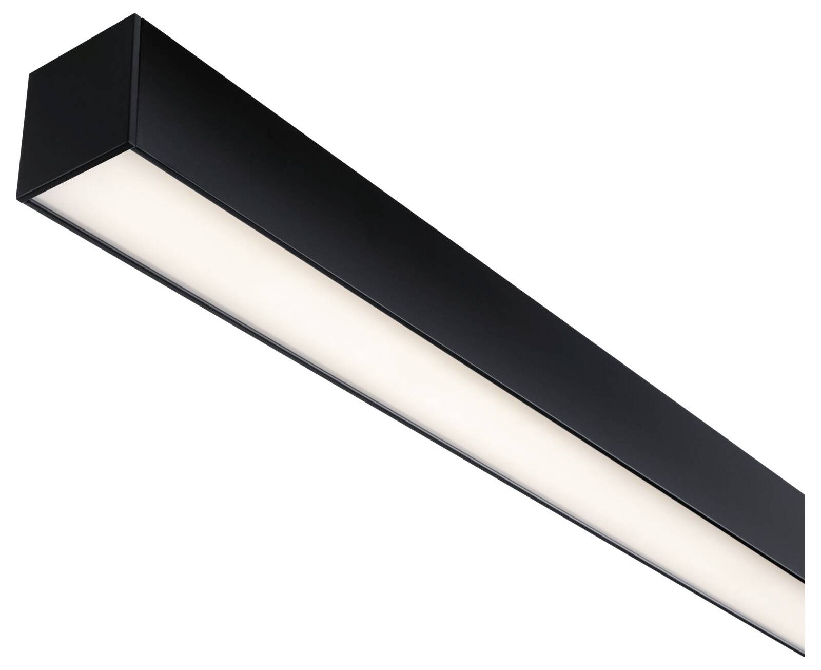 Obdĺžniková, čierna LED stropná lampa s difúznymi bielymi svetelnými panelmi na bielom pozadí.