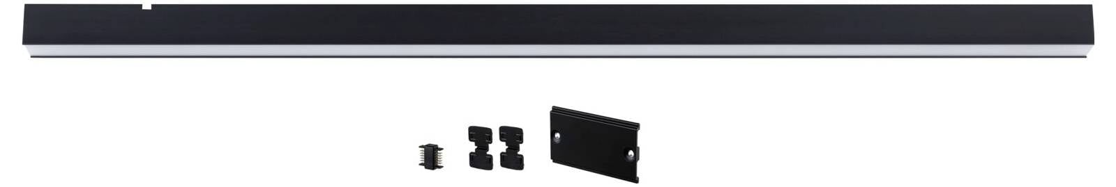 Dlhý čierny a strieborný koľajnicový profil s viacerými čiernymi upevňovacími svorkami a skrutkami na montáž.