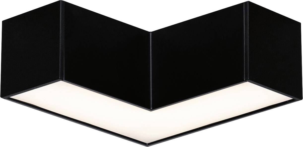 Čierne, hranaté stropné svietidlo v tvare V, ktoré vyžaruje jasné, rozptýlené svetlo smerom nadol. Moderný dizajn pre interiéry.