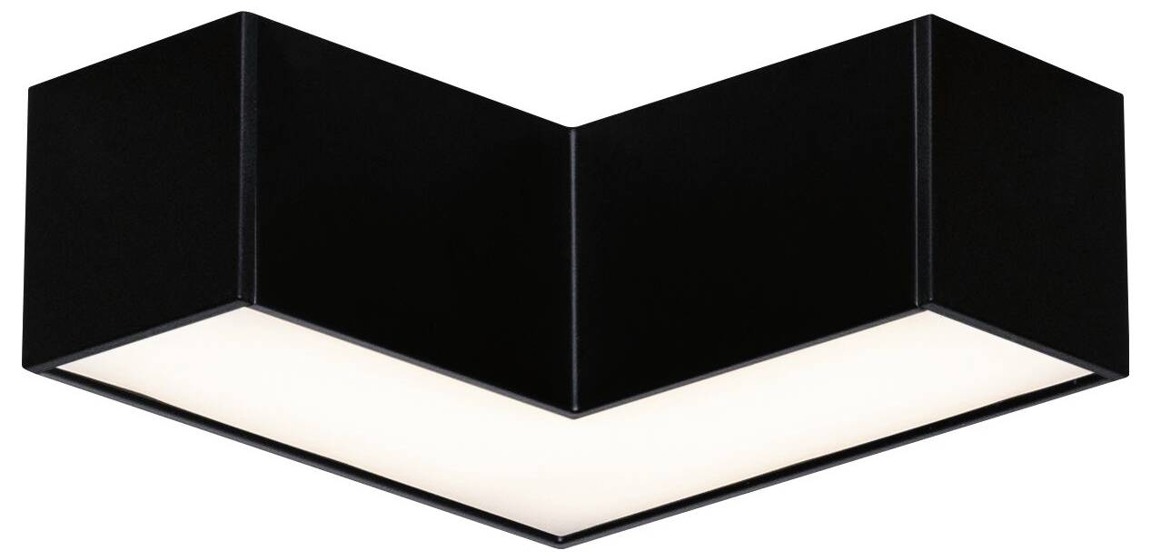 Čierne, hranaté stropné svietidlo v tvare V, ktoré svieti jasným svetlom. Moderný dizajn vhodný do súčasných interiérov.