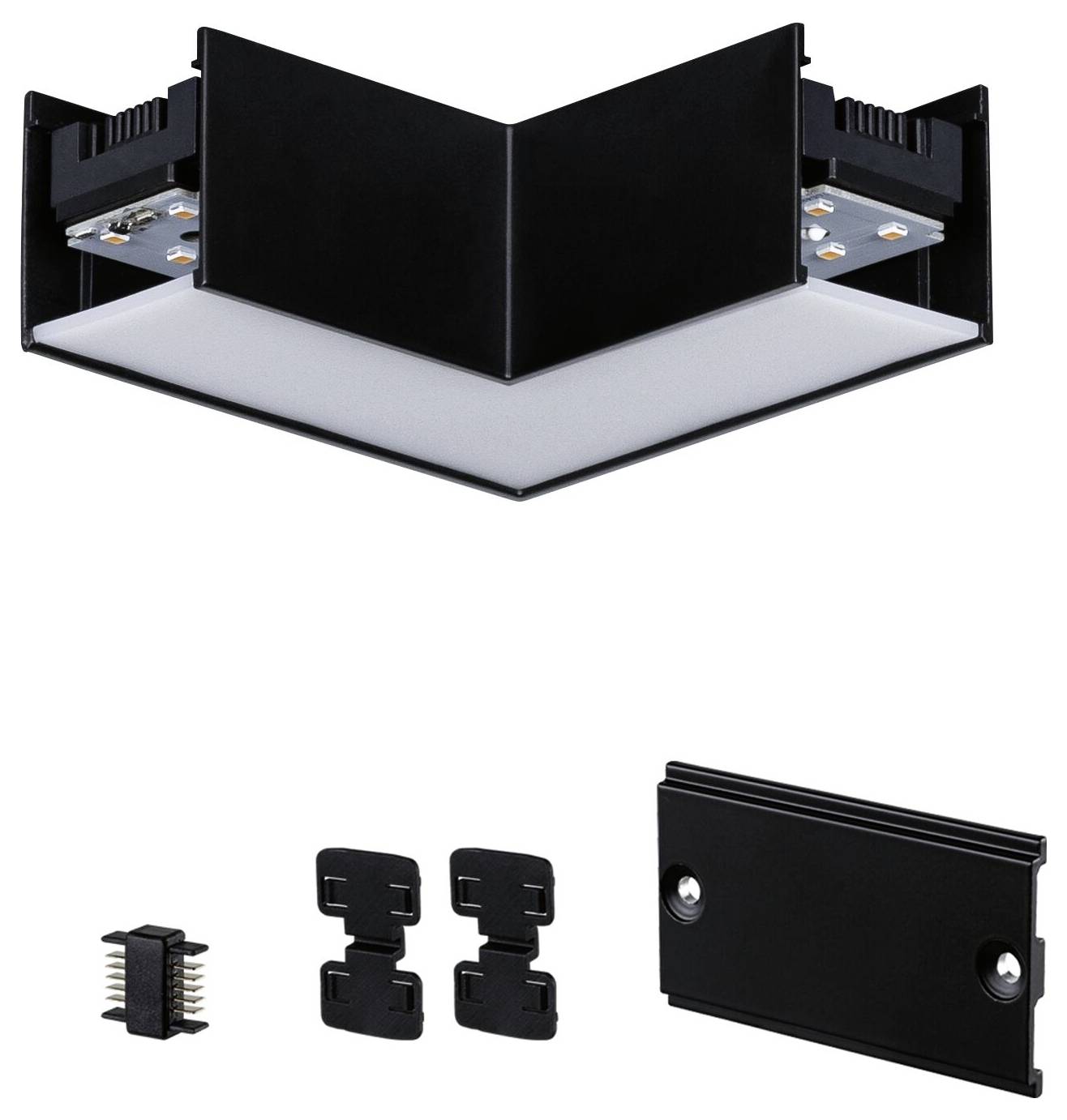 Čierny uhlový LED konektor pre stropné svietidlá. Obsahuje dve čierne koncové kryty a malé spojovacie časti.