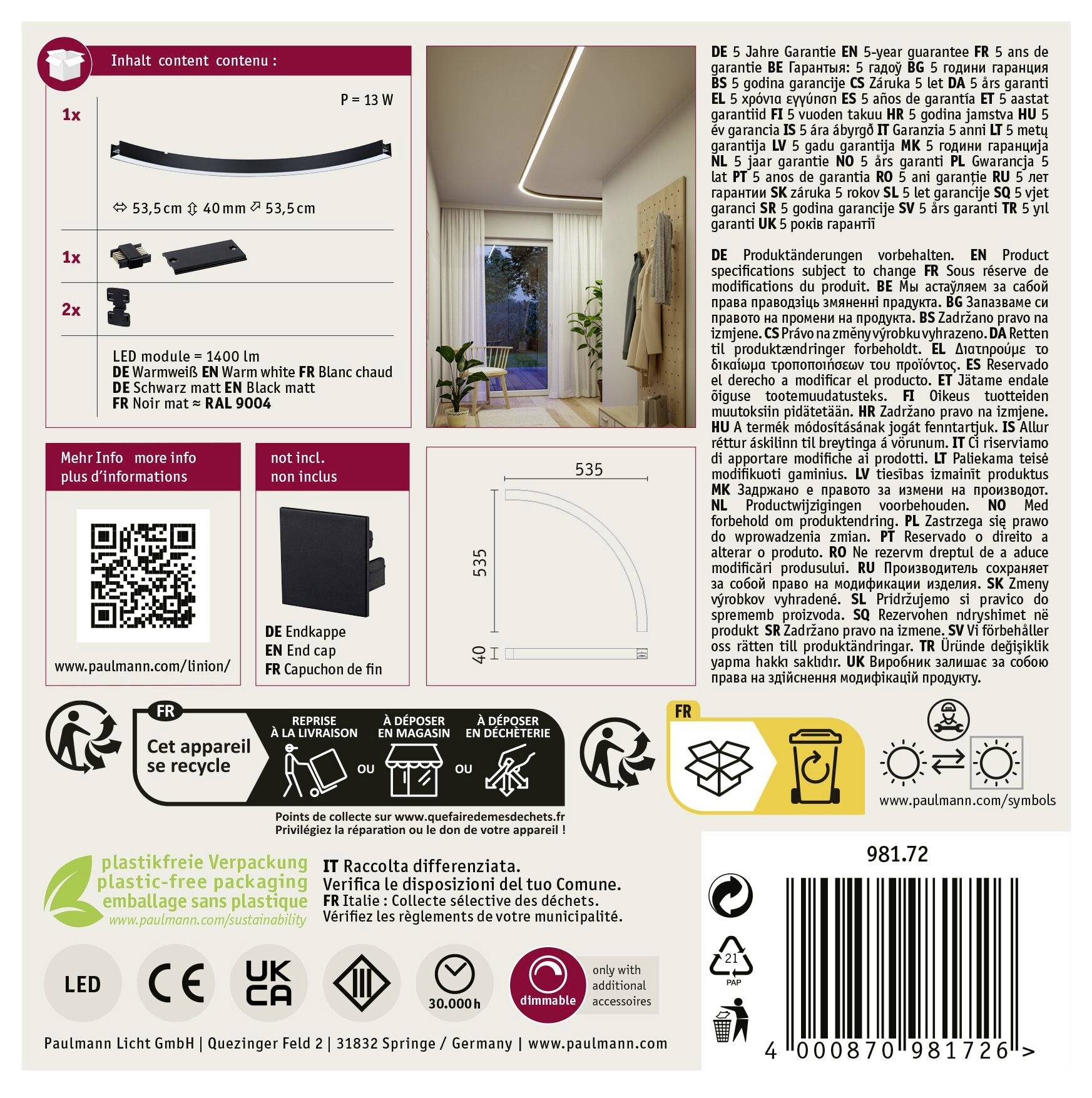 'Obsah content contenu'; Viac informácií online; Obrázok LED modulu a montážneho príslušenstva; Neutrálny dizajn; Záručný popis vo francúzskom jazyku.