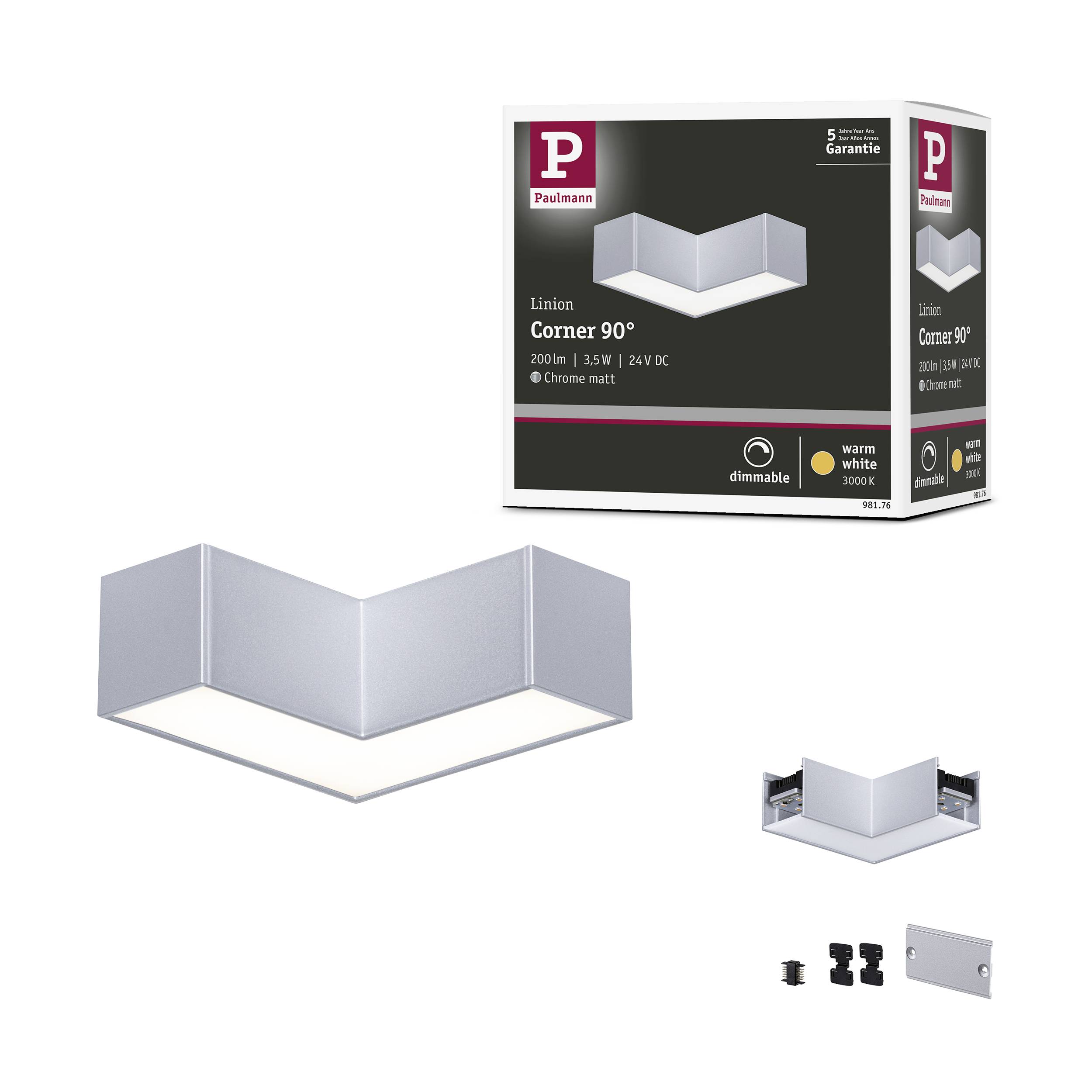 Rohové svietidlo od Paulmann, matný chróm, stmievateľné, teplé biele svetlo, 350 lumenov, vhodné pre moderný priestorový dizajn.