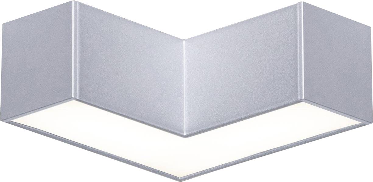 Sivé, hranaté stropné svietidlo v tvare V, matný povrch. Rozptýlené svetlo smeruje nadol. Moderný dizajn, ideálny pre minimalistické priestory.