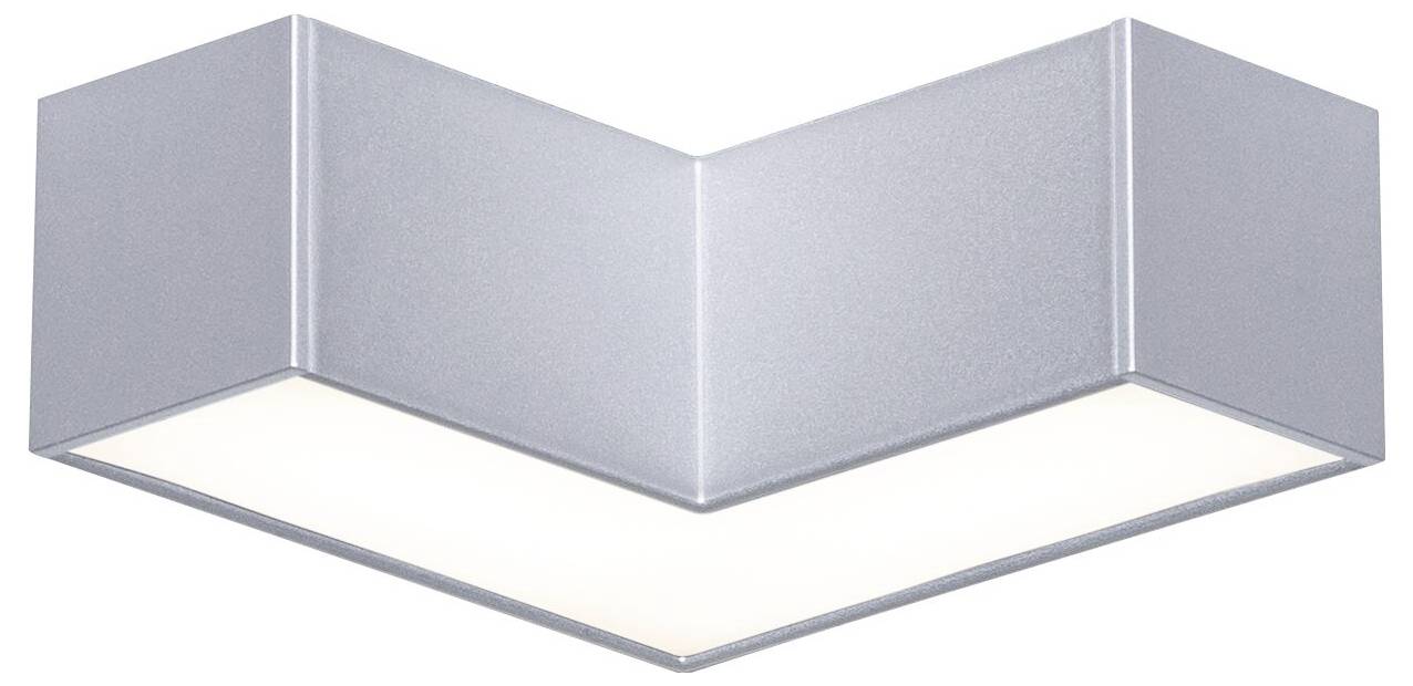 Strieborná, V-tvarová stropná lampa s minimalistickým dizajnom, ktorá vyžaruje rovnomerné svetlo. Vhodná pre moderné interiéry.