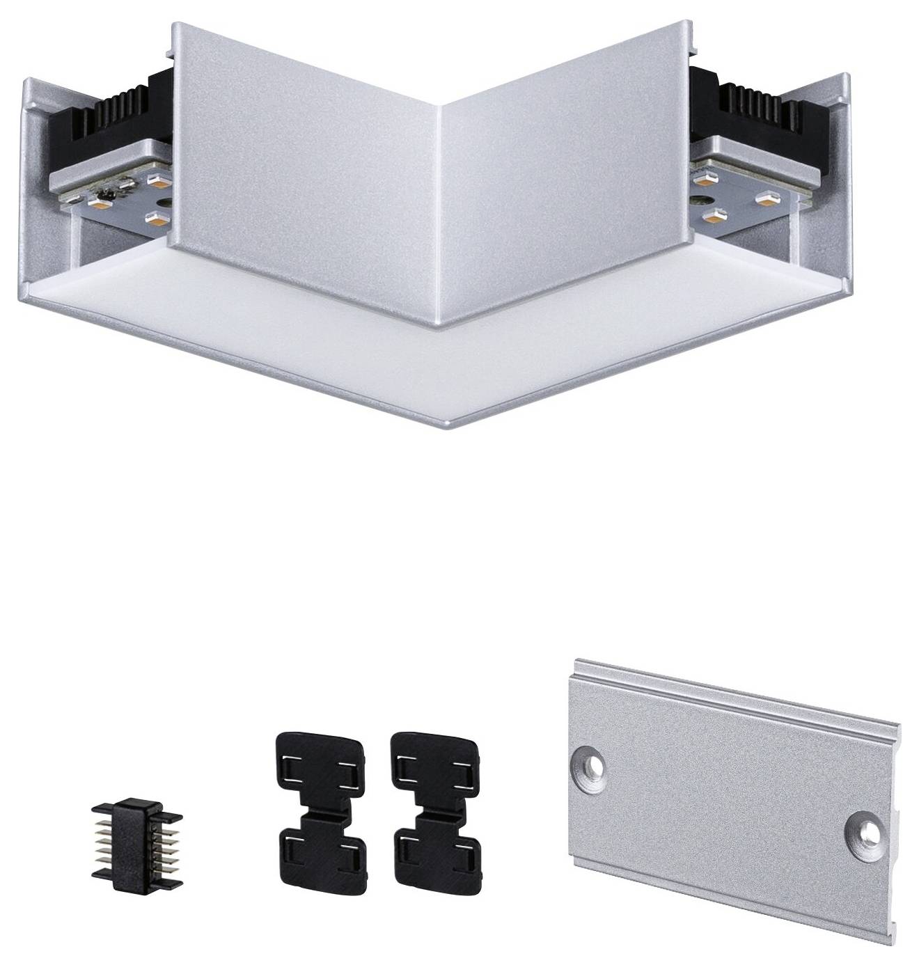 Strieborná L-tvarová hliníková lišta pre LED pásiky vrátane montážneho príslušenstva a koncových krytiek, zobrazená na bielom pozadí.