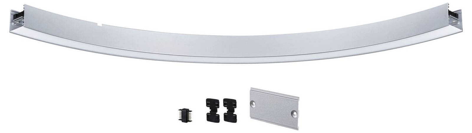 Ohnutý hliníkový profil s príslušenstvom vrátane dvoch čiernych držiakov a malej krycej dosky s otvormi pre skrutky.