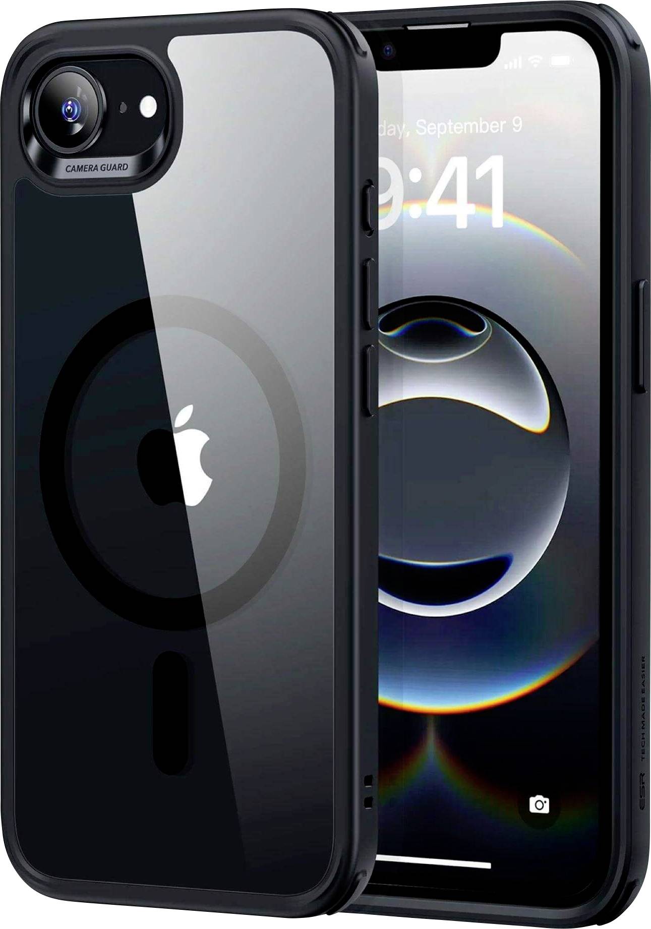 Dva iPhony v čiernom obale s logom Apple, viditeľné spredu aj zozadu, zobrazujú čas na displeji.