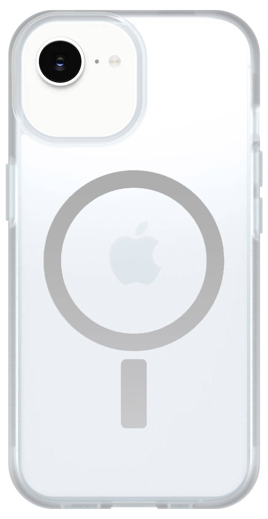 Transparentný obal na iPhone s magnetickým prstienkom MagSafe a výrezom pre fotoaparát, cez ktorý je viditeľné logo Apple na zadnej strane.