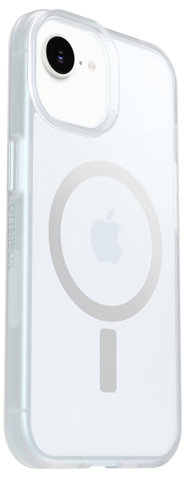 Transparentný kryt na iPhone s kruhovým MagSafe krúžkom a viditeľným logom Apple na zadnej strane.