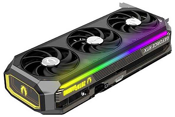 Grafická karta s tromi ventilátormi a RGB podsvietením. Označená nápisom 'GEFORCE RTX'. Vhodná pre náročné videohry.