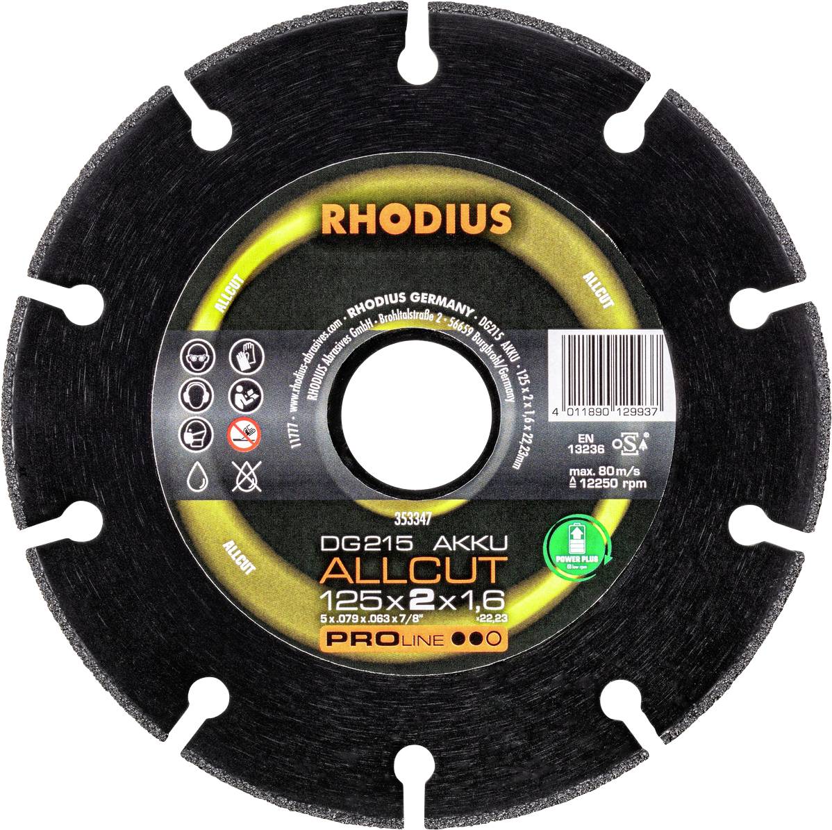 'RHODIUS DG215 AKKU ALCUT' rezná kotúč, 125x2,1 mm, optimalizovaný pre akumulátorové náradie.