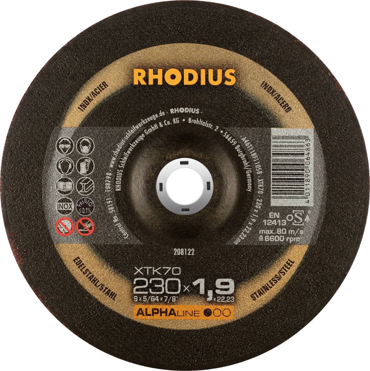 Rhodius rezný kotúč XTK70, 230x1,9 mm, na nehrdzavejúcu oceľ a oceľ. Max. 80 m/s, 6600 ot./min, rôzne symboly použitia.