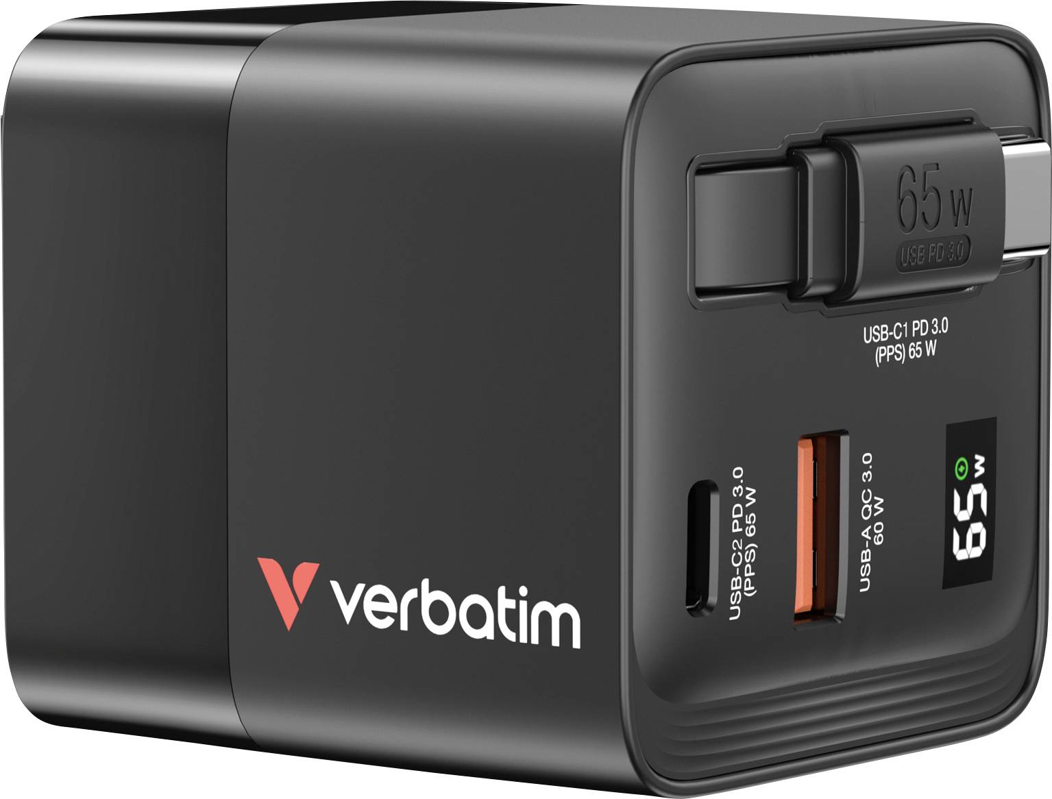 Čierna nabíjačka Verbatim s dvoma USB portami a výkonom 65W. Vhodná na rýchle nabíjanie zariadení.