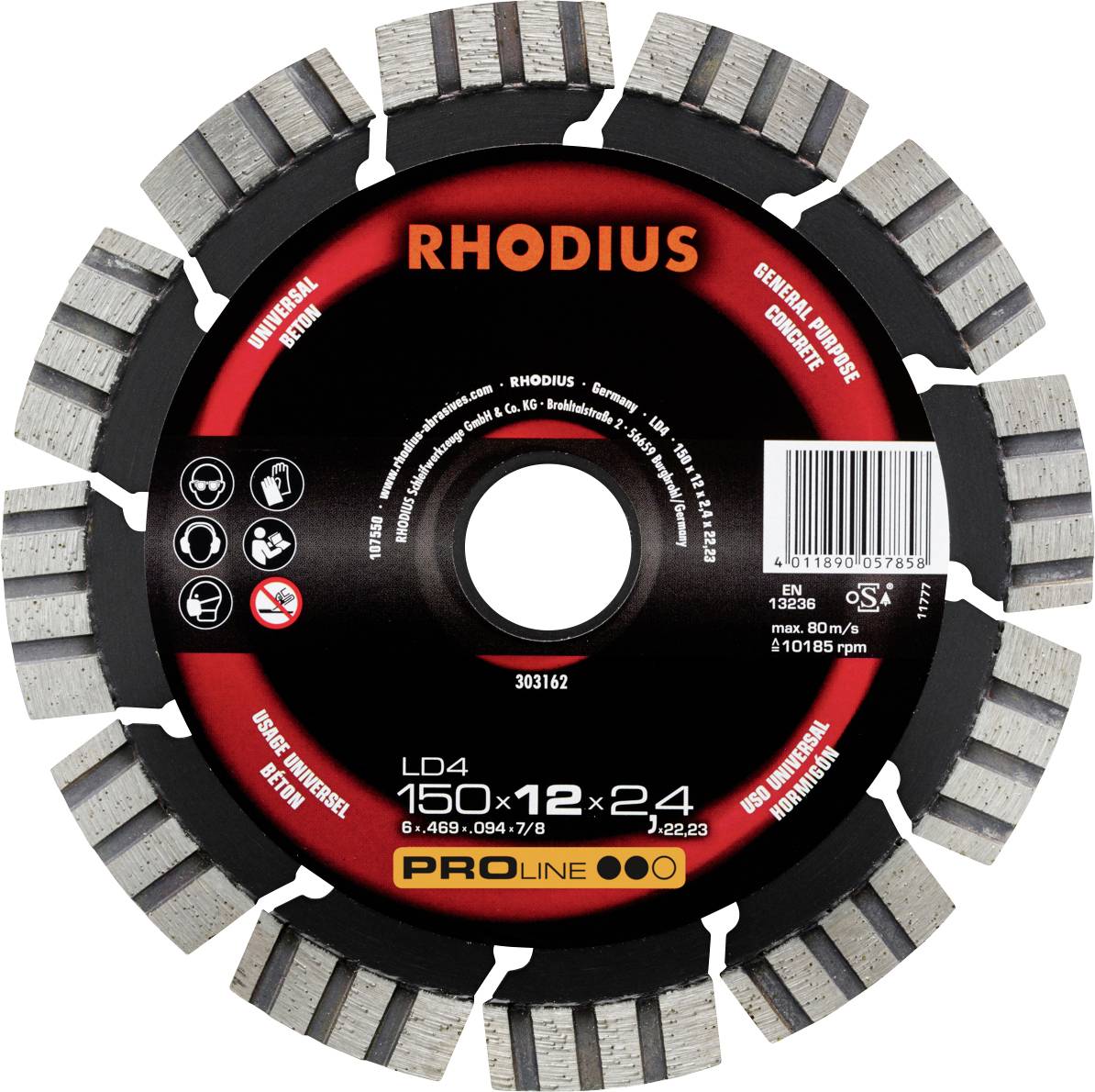 'RHODIUS Proline rezná kotúč', priemer 150 mm. Vhodný pre univerzálny betón. Obal zobrazuje technické špecifikácie a symboliku.